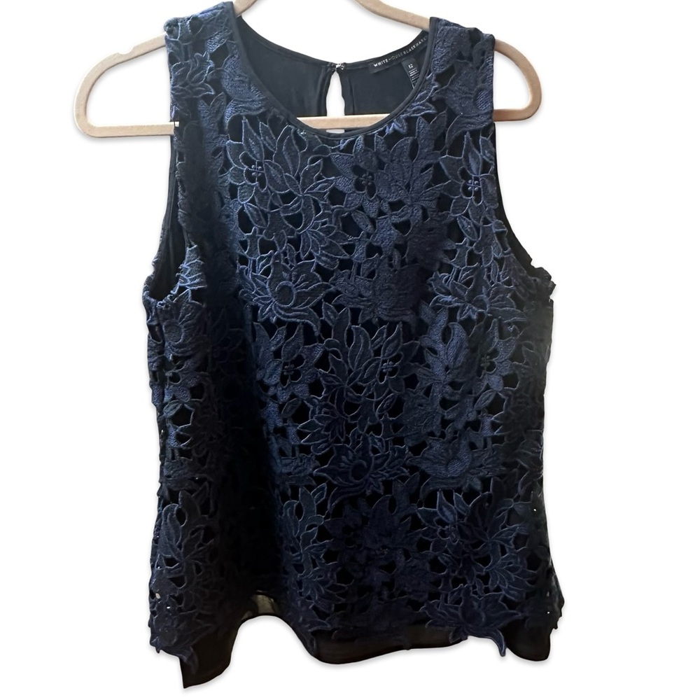White House Black Market Navy Floral Lace Blouse size 12